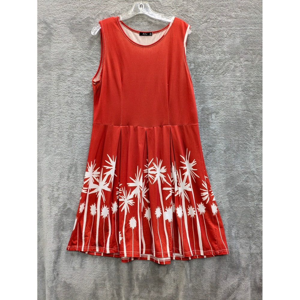 Tropical Palm Tree Fit Flare Dress Womens 1XL‎ Orange Red Sleeveless Pleated